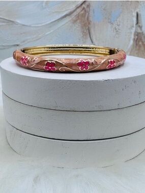 Pink Floral & Brown Enamel Cloisonne Bracelet Bangle